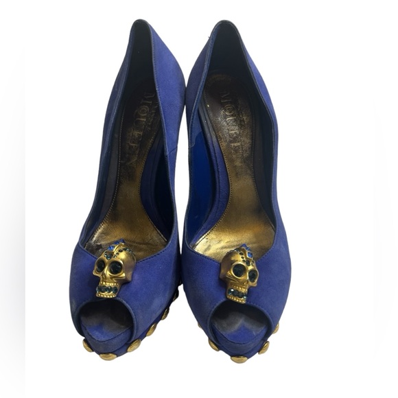 Alexander McQueen Blue Suede Skull Studded Platform Peep Heels 36 - Picture 8 of 12